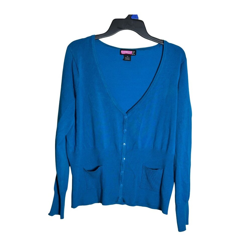Say What? Women’s 3X Blue Button Front Cardigan Sweater Long Sleeve V-Neck Pocke